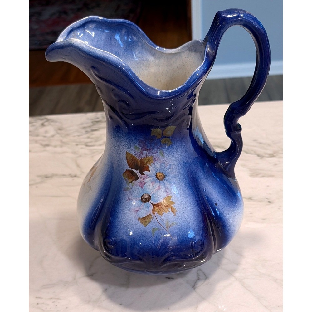 Vintage Cobalt Flow Blue Floral Ceramic Pitcher Ornate Handle Decorative Vase